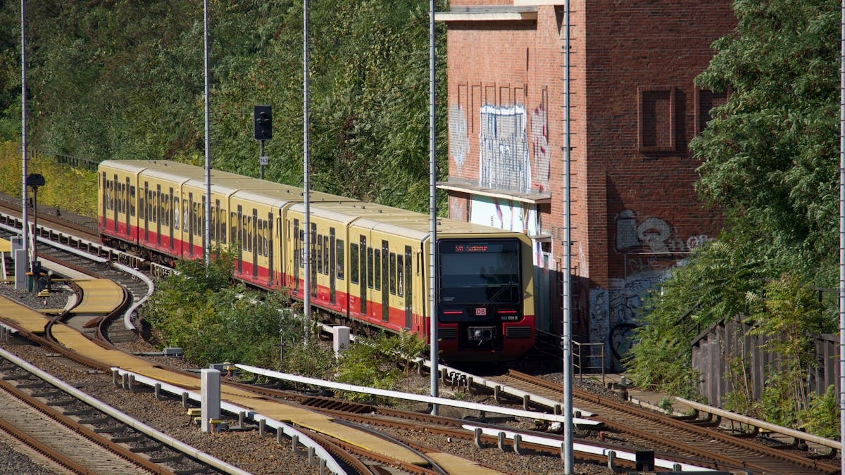 A Berlin S-Bahn train traveling through a leafy suburban area on a sunny day.